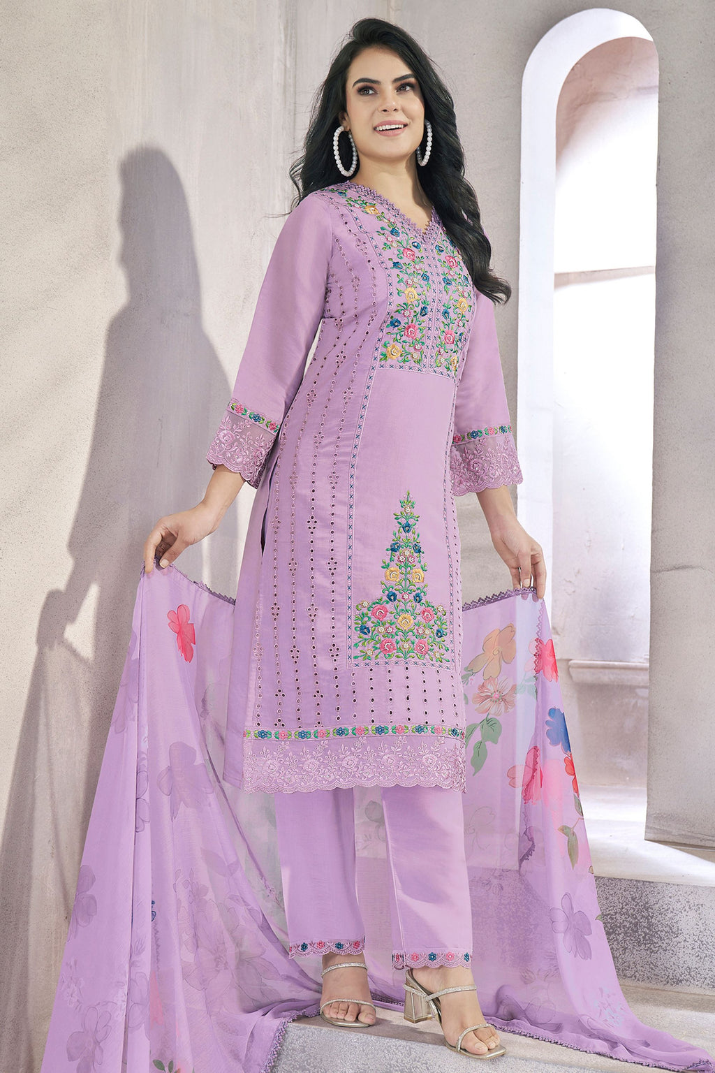 Lilac Viscose Silk Kameez with Pant Suit For Indian Festivals & Pakistani Weddings - Embroidery Work. Print Work