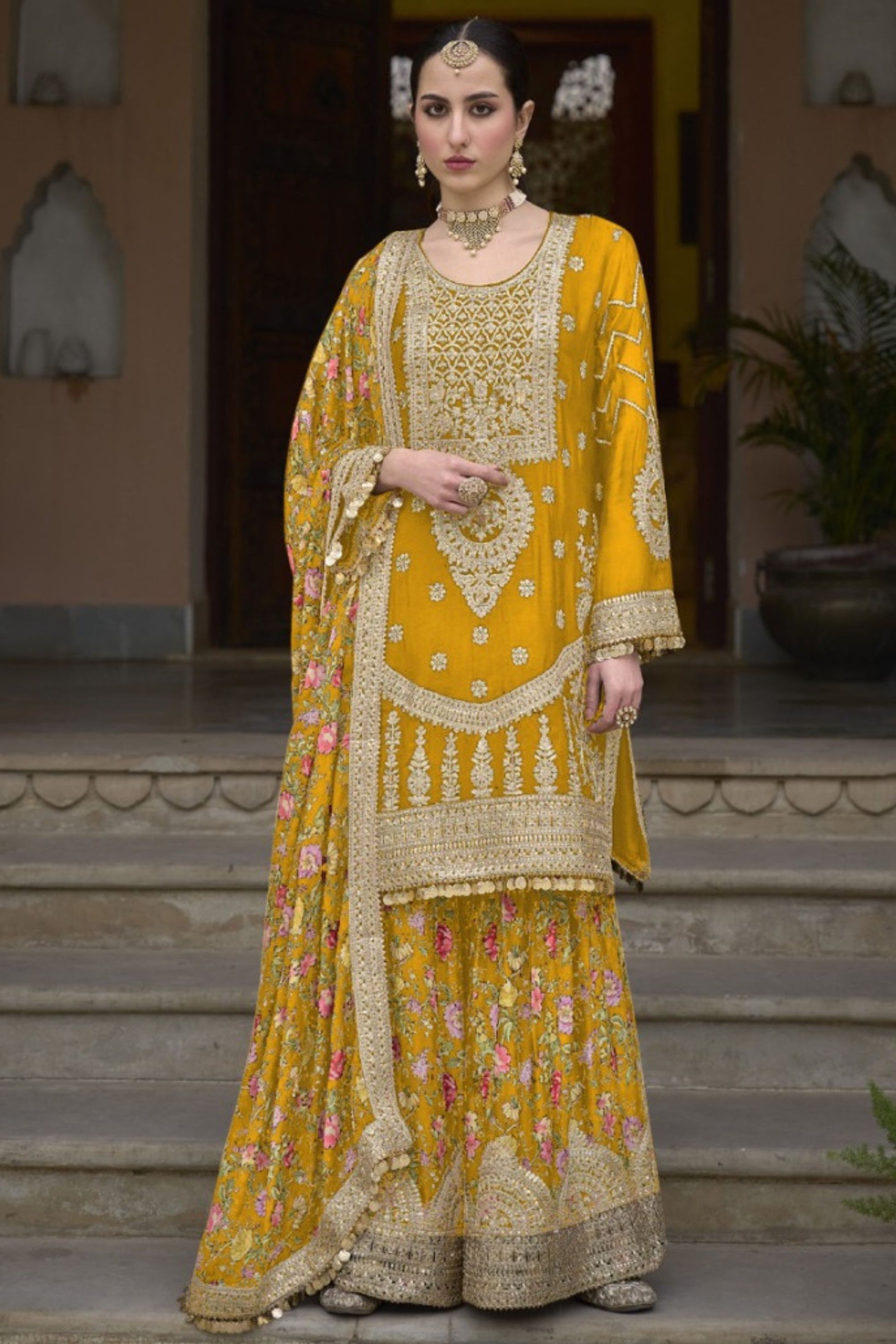 Yellow Chinon Silk Kameez with Plazzo And Dupatta For Indian Suit Festivals & Pakistani Weddings - Embroidery Work