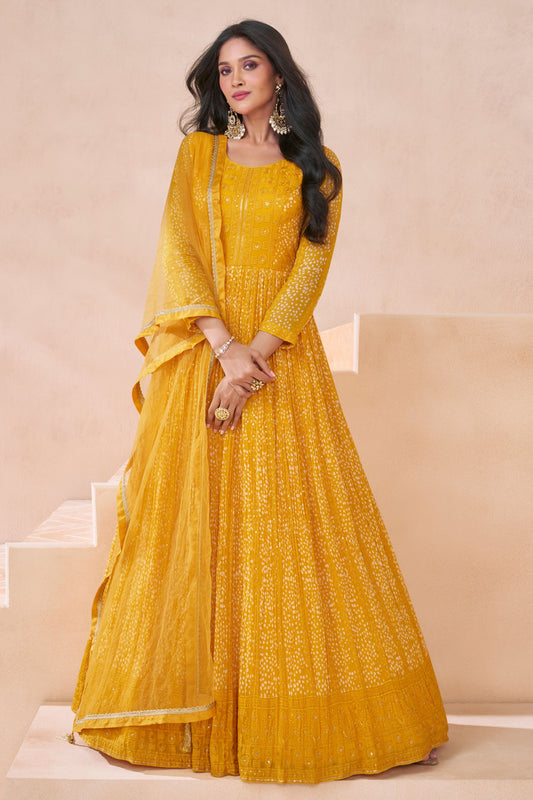 Yellow Georgette Floor Full Length Anarkali Suit Dress For Indian Festivals & Weddings - Embroidery Work