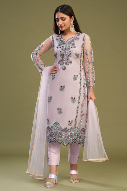 Pink Net Pakistani Salwar Kameez Suit For Indian Festivals & Weddings - Thread Embroidery Work