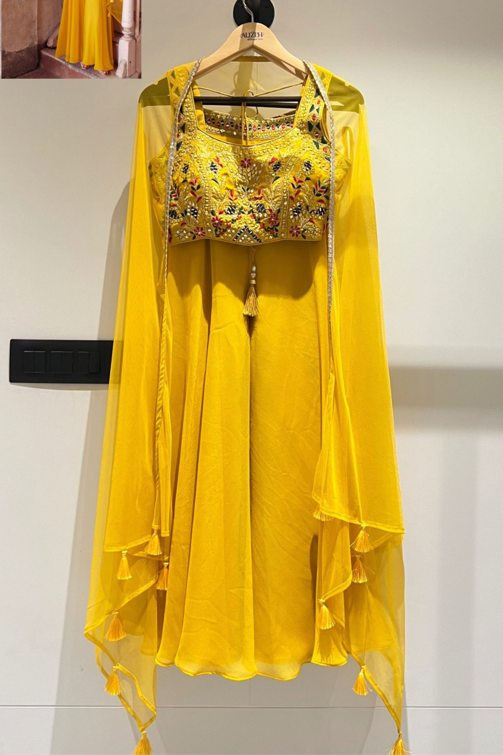 Yellow Georgette Sharara Choli For Indian Festivals & Weddings - Thread Embroidery Work, Hand Embellishment, Mirror Work