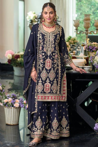 Black Chinon Silk Kameez with Plazo For Indian Festivals & Weddings - Embroidery Work