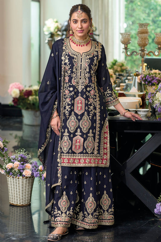 Black Chinon Silk Kameez with Plazo For Indian Festivals & Weddings - Embroidery Work