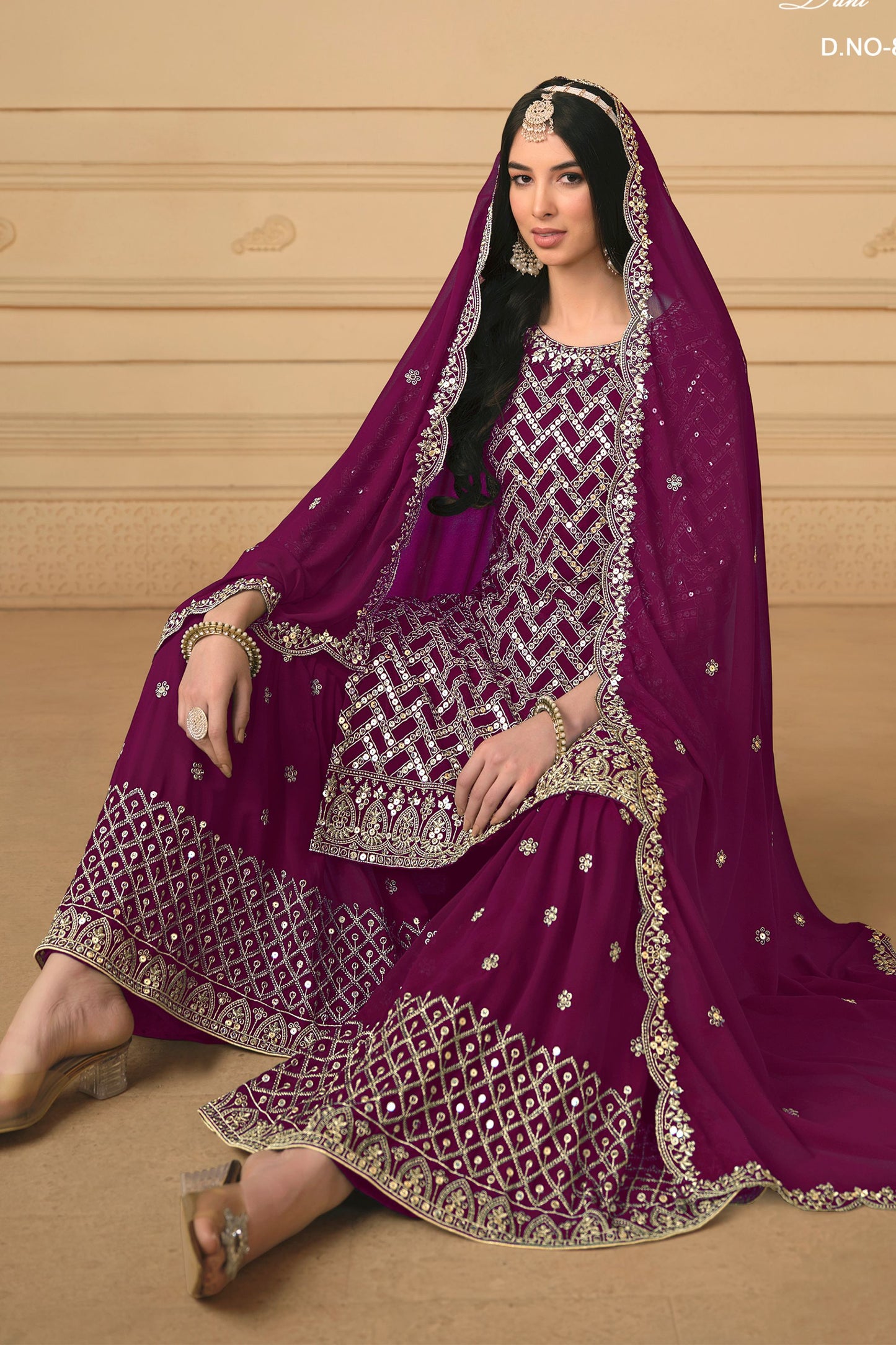 Maroon Georgette Sharara Suit Dress For Indian Festivals & Weddings - Embroidery Work