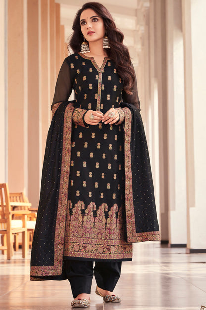 Black Jacquard Silk Kameez With Pant For Indian Suit Festivals & Pakistani Weddings Dress - Embroidery Work