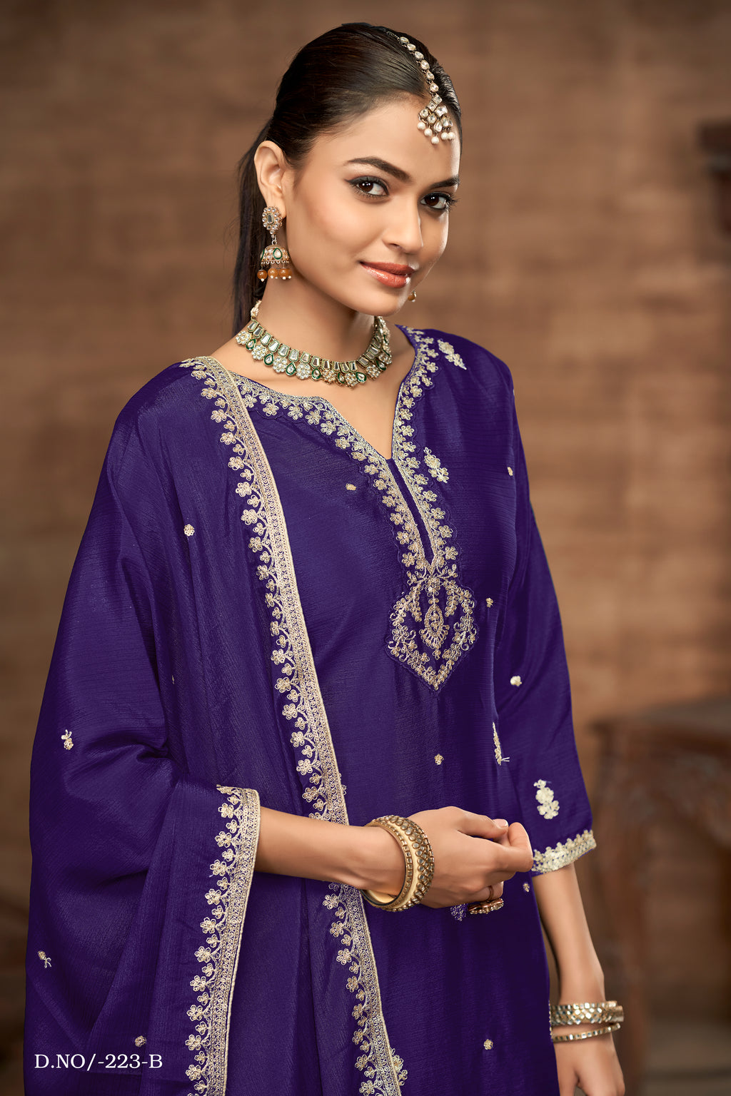 Royal Blue Chinon Silk Palazzo Suit For Indian Wedding & Pakistani Festival - Embroidery Work