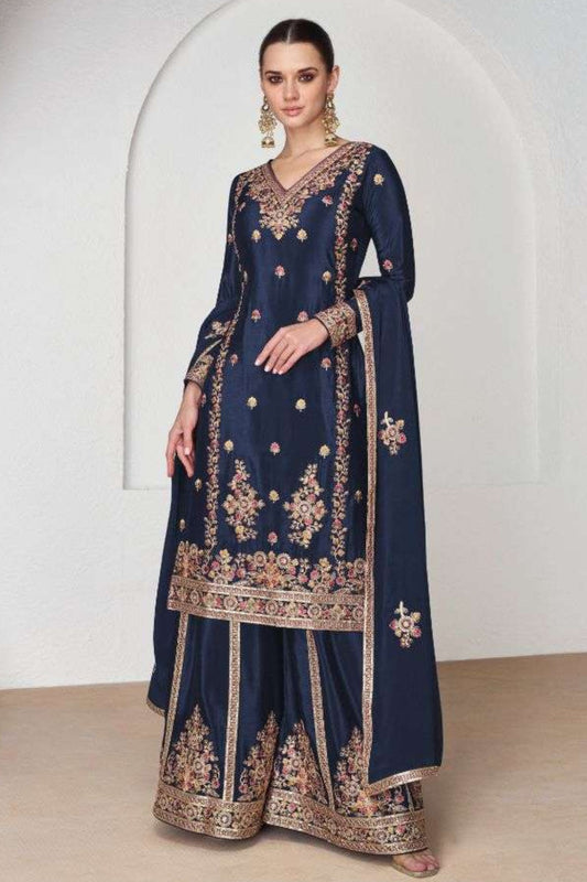 Blue Chinon Silk Palazzo Suit Dress For Indian Weddings & Pakitani Festival - Embroidery Work