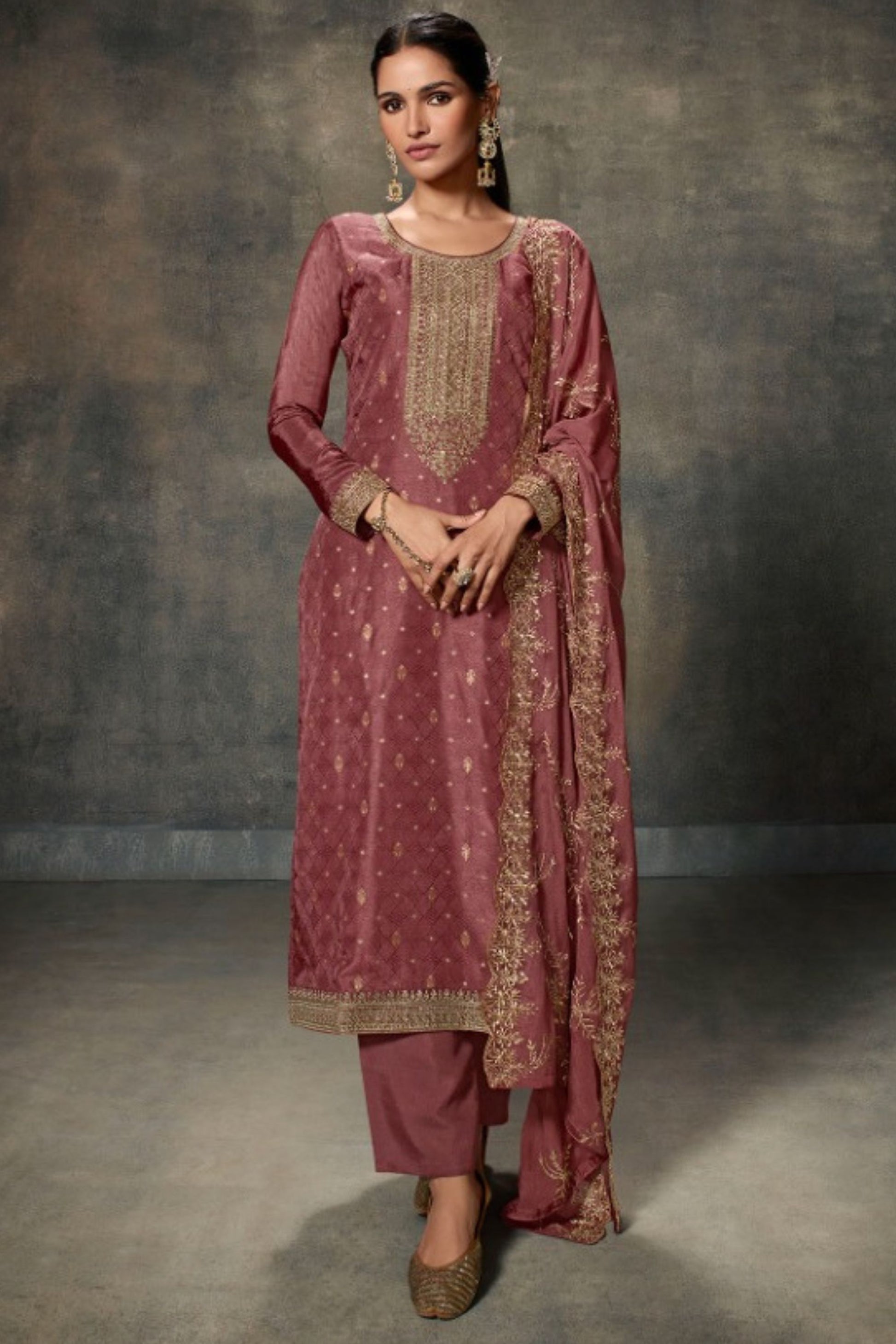 Rose Gold Viscose Kameez with Pant For Indian Suit Festivals & Pakistani Weddings - Embroidery Work