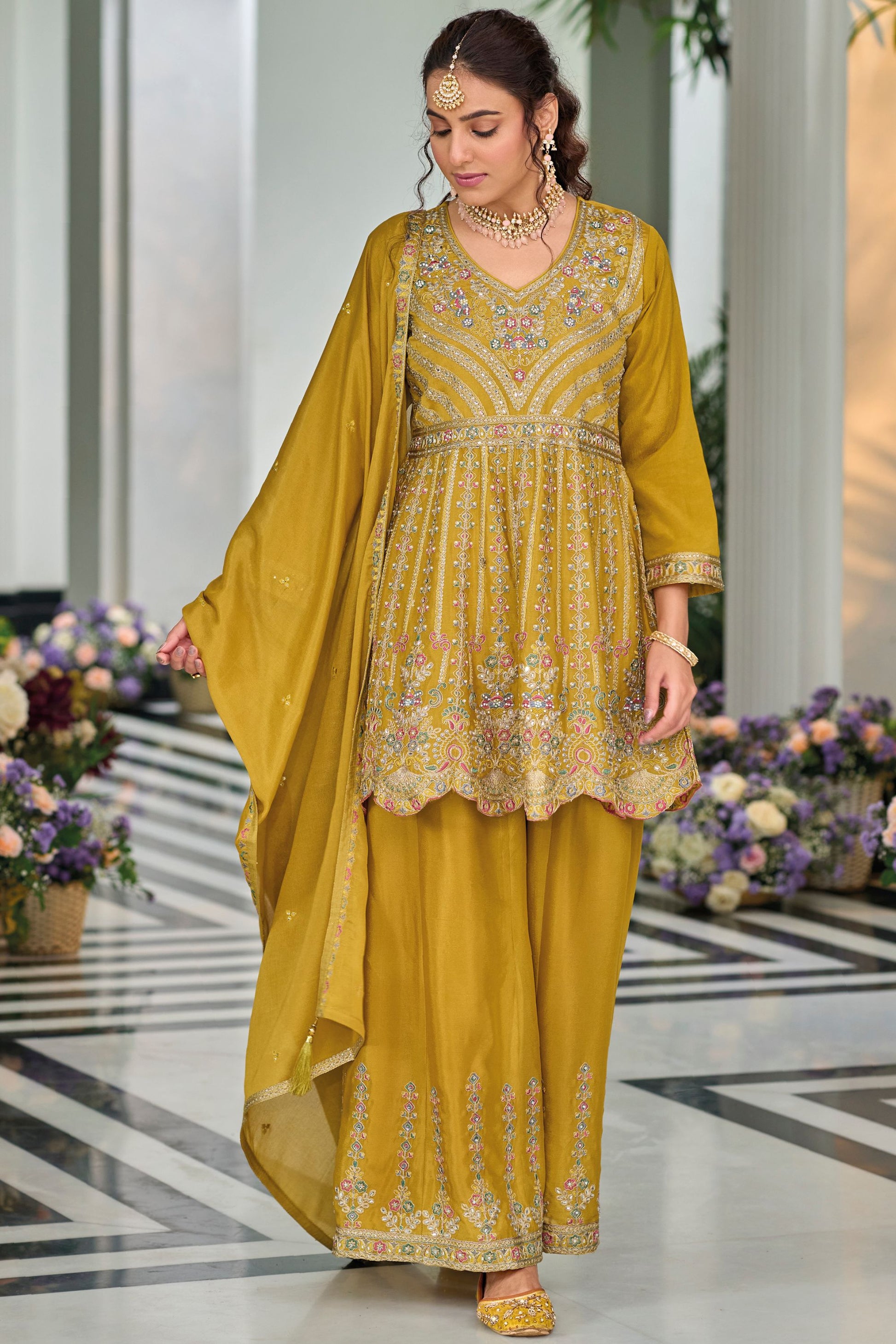 Dark Yellow Chinon Silk Kameez with Plazo For Indian Festivals & Weddings - Embroidery Work