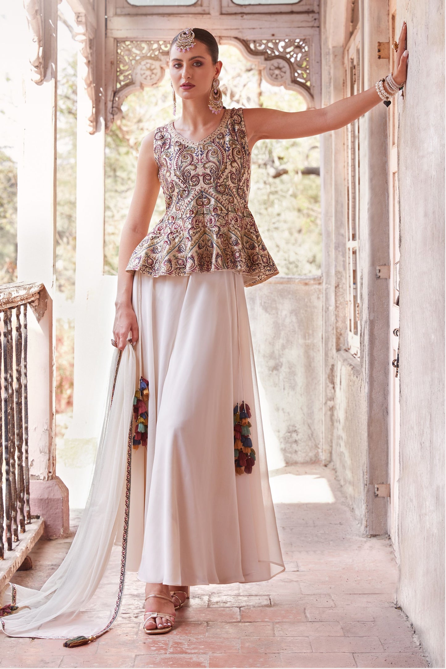 Off White Georgette Long Top Palazzo Suit For Indian Weddings & Festivals - Thread & Sequence Embroidery Work, Zari Work