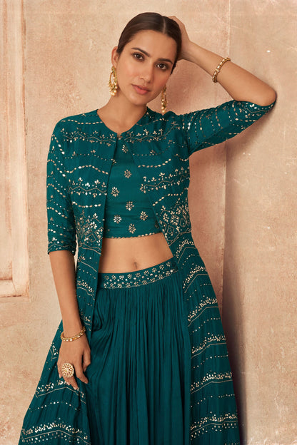 Teal Pakistani Georgette Anarkali Suits For Indian Festivals & Weddings - Embroidery Work