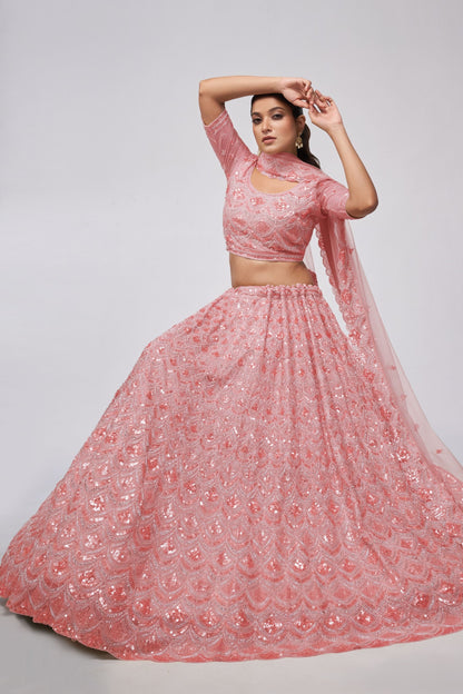 Odette Pink Soft Net Lehenga Choli For Indian Festivals & Weddings - Sequins Work, Bead Work, Zarkan Work