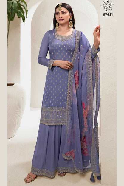 Purple Chinon Silk Palazzo Suit For Indian Festivals & Pakistani Plazo Weddings Dress - Embroidery Work, Print Work