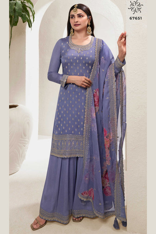 Purple Chinon Silk Palazzo Suit For Indian Festivals & Pakistani Plazo Weddings Dress - Embroidery Work, Print Work