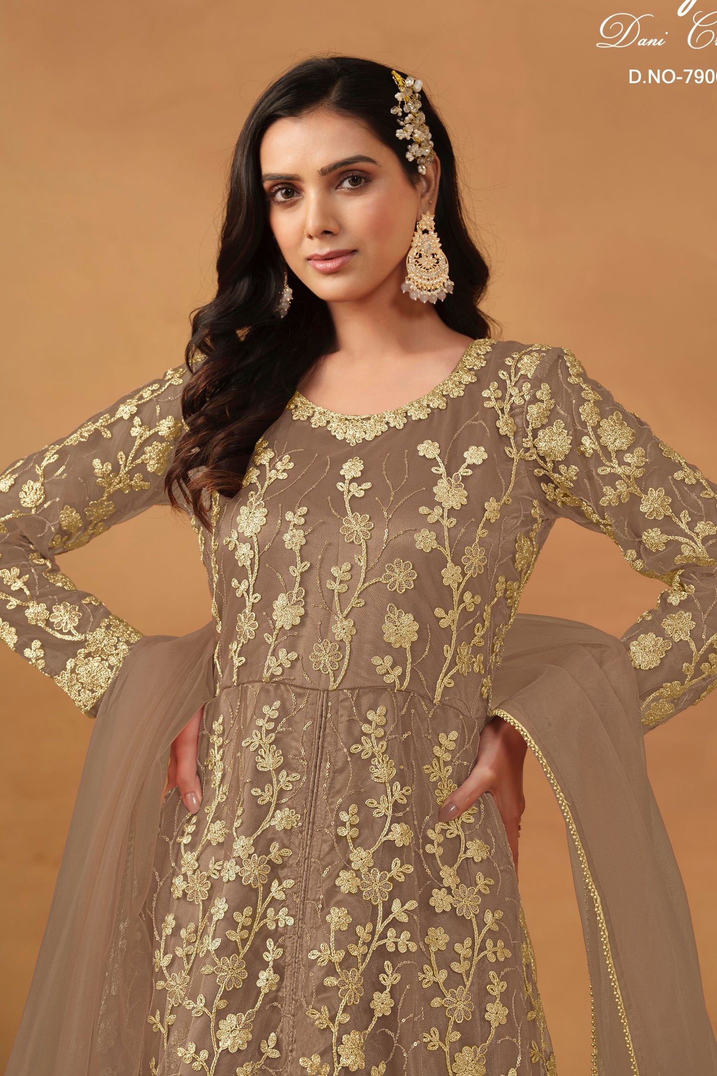 Light Brown Net Full Length Anarkali Dress with Front Slit For Indian Festivals & Weddings - Thread & Sequence Embroidery Work