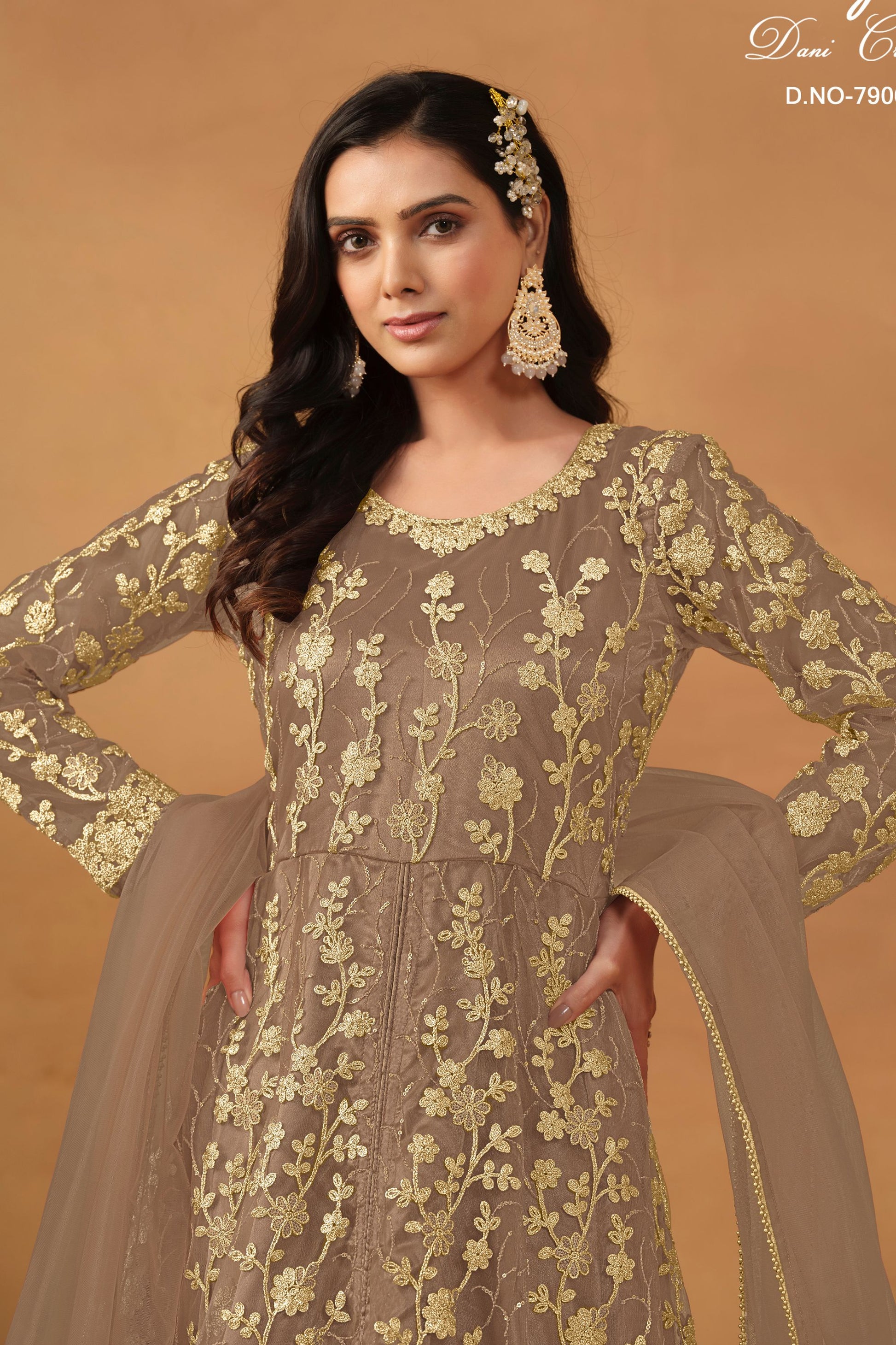 Light Brown Net Full Length Anarkali Dress with Front Slit For Indian Festivals & Weddings - Thread & Sequence Embroidery Work