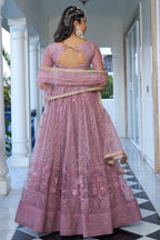 Blush Pink Net Embroidered Lehenga Choli For Indian Festival & Weddings - Embroidery Work