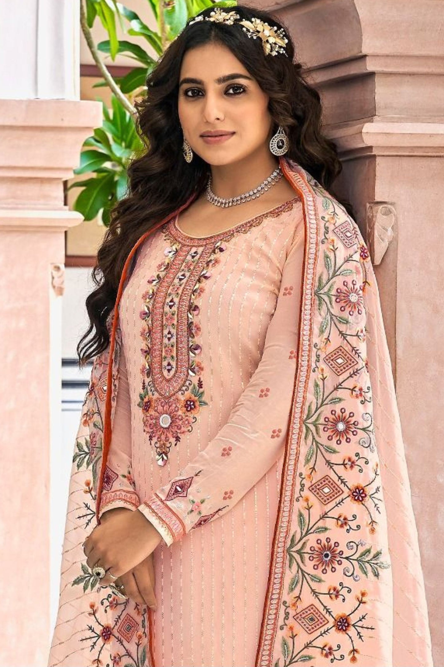 Light Peach Georgette with Chinon Silk Kameez with Pant For Indian Suit Festivals & Pakistani Weddings - Embroidery Work