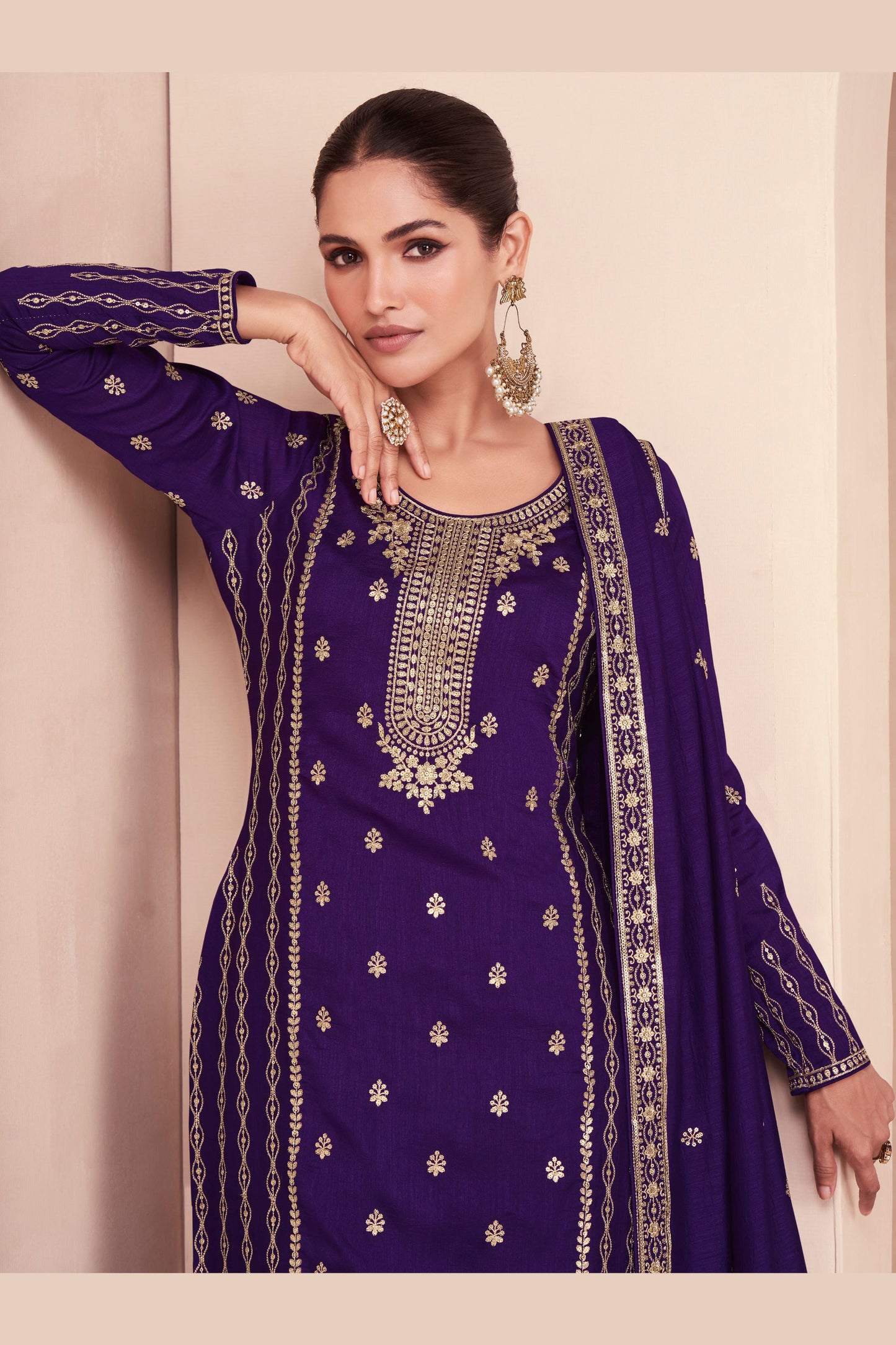 Purple Silk Plazo Kameez Suit For Indian Wedding & Pakitani Festival - Embroidery Work