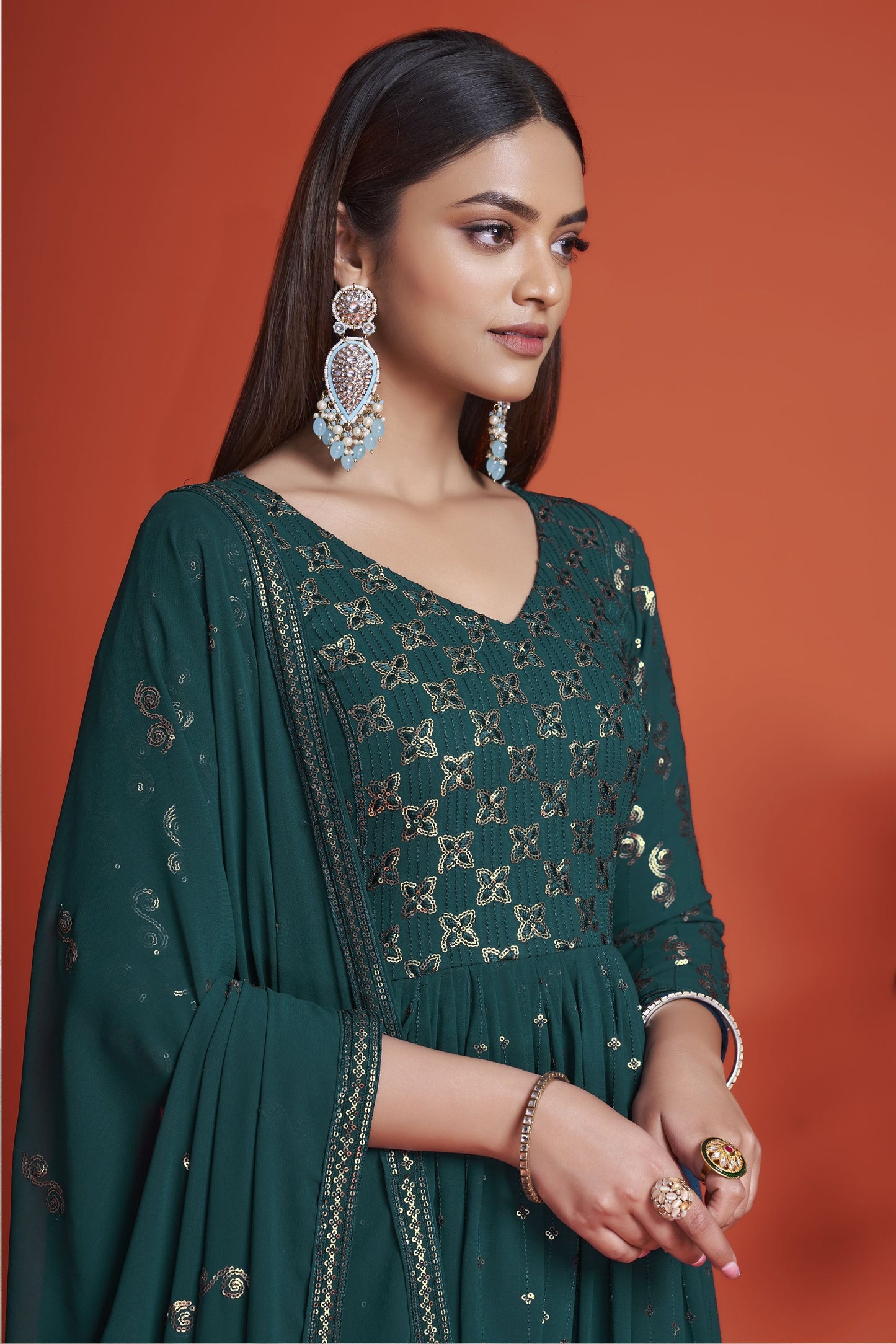 Teal Pakistani Georgette Anarkali Gown For Indian Festivals & Weddings - Sequence Embroidery Work, Thread Embroidery Work,