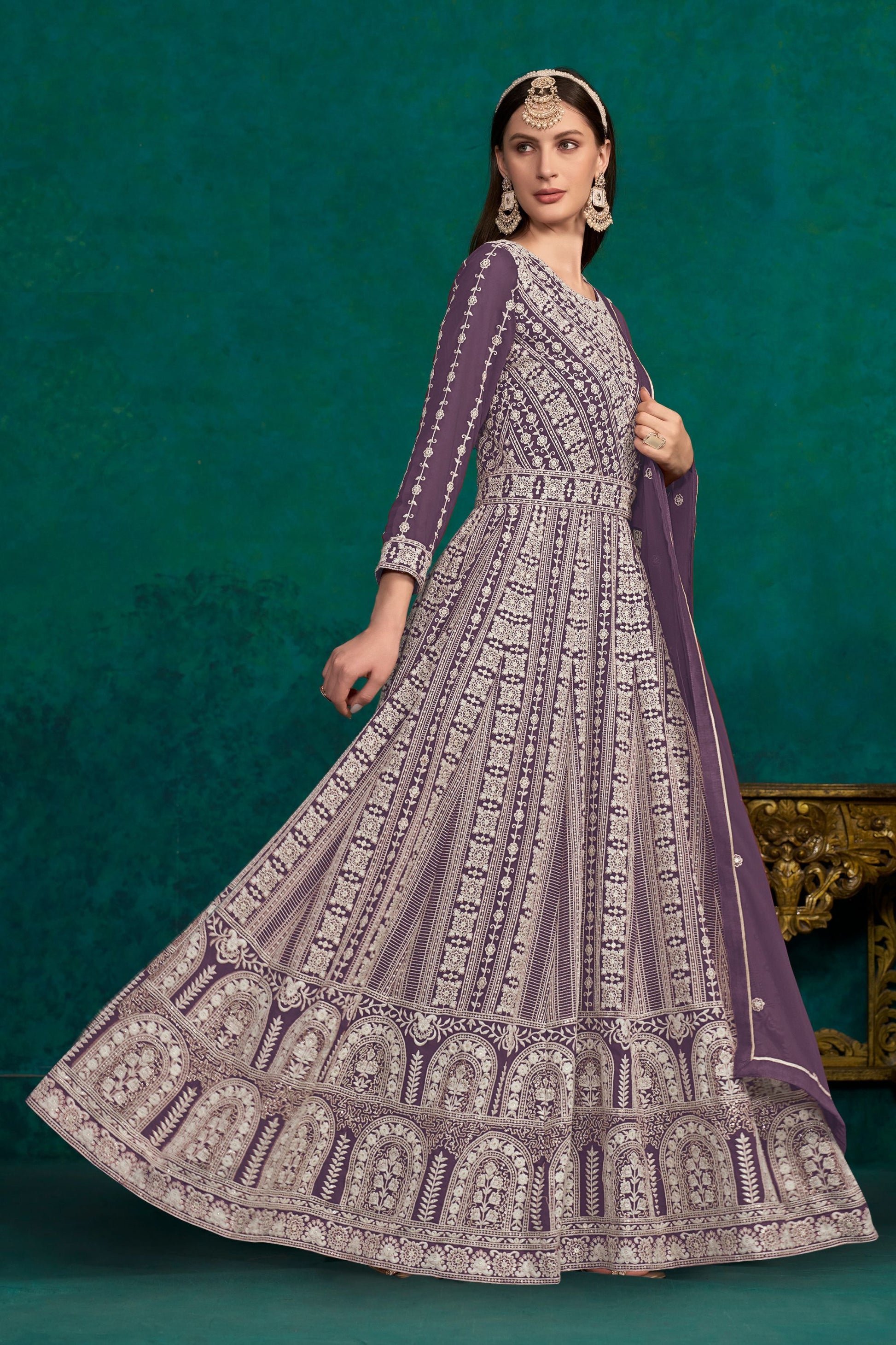 Purple Georgette Full Floor Length Anarkali Dress For Indian Festivals & Weddings - Lucknowi Work