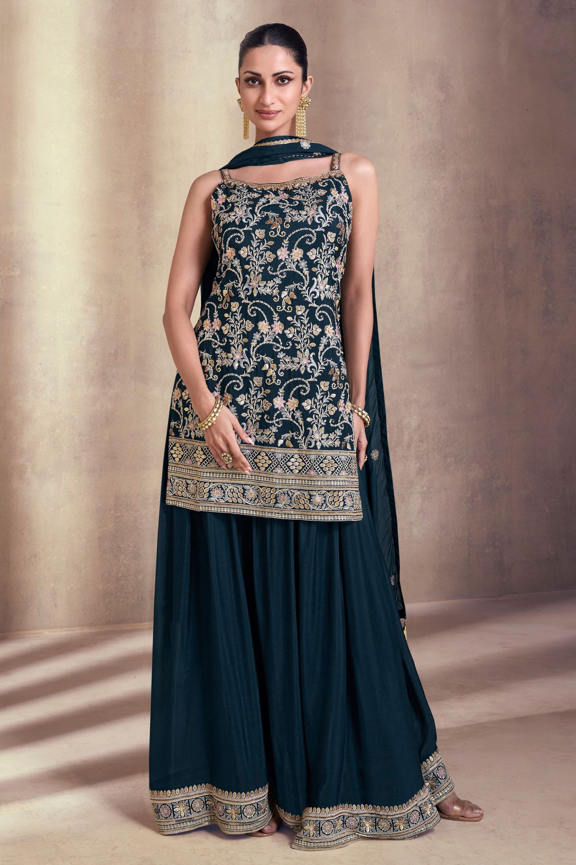 Navy Blue Chinon Silk Sharara Suits for Indian Festival & Pakistani Wedding - Embroidery Work