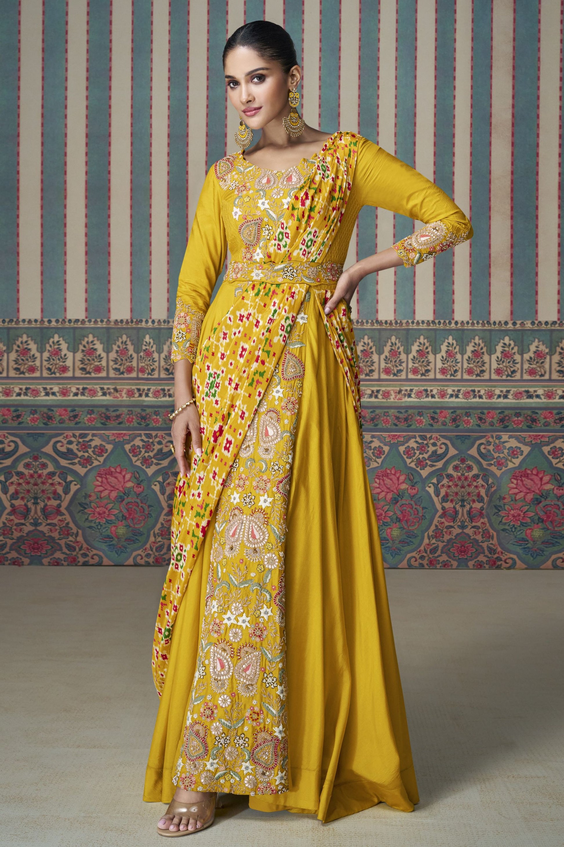 Yellow Chinon Silk Full Length Partywear Gown For Festivals & Weddings - Embroidery Work Copy