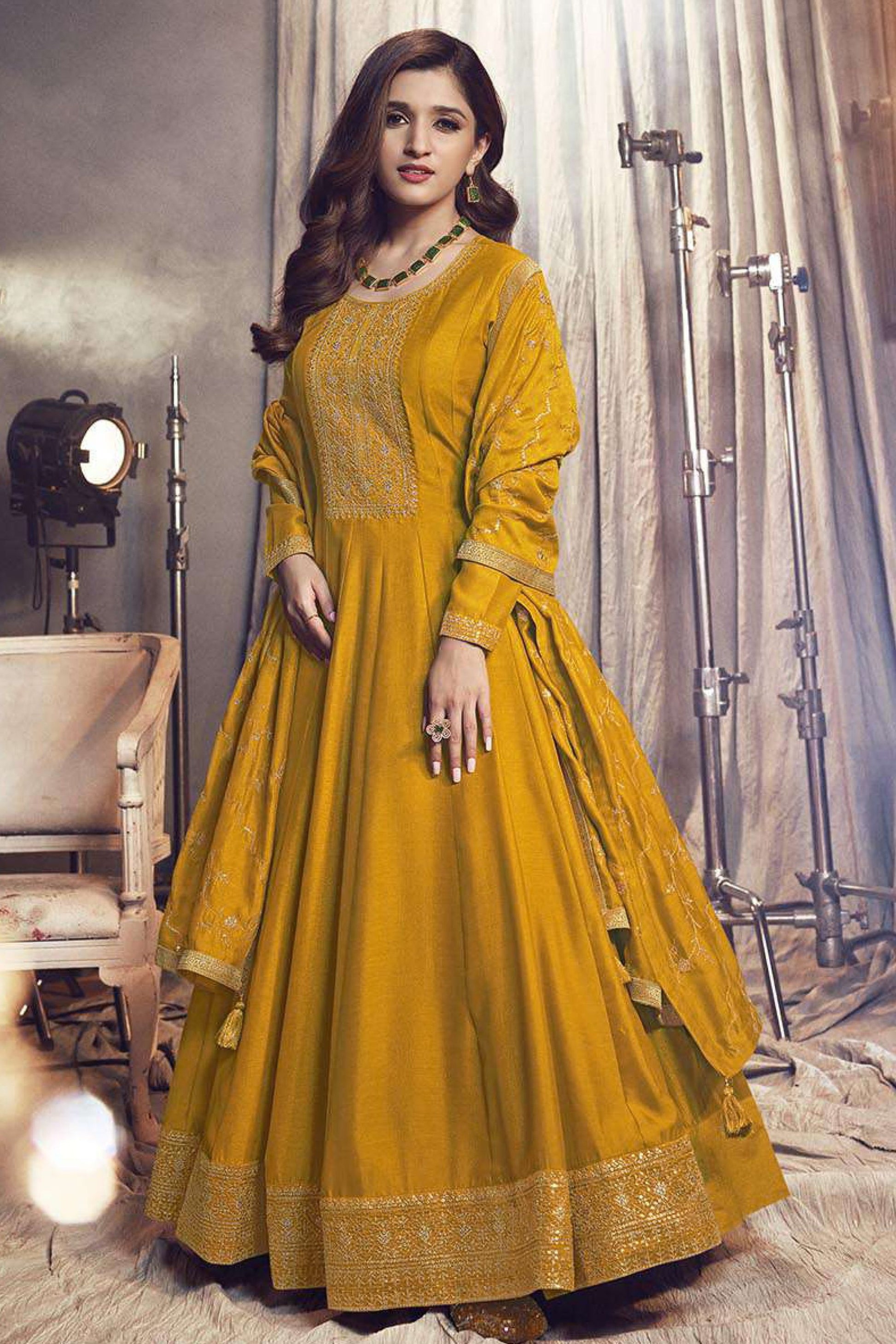 Yellow Georgette Silk Anarkali Suit For Indian Festivals & Pakistani Weddings Dress - Embroidery Work