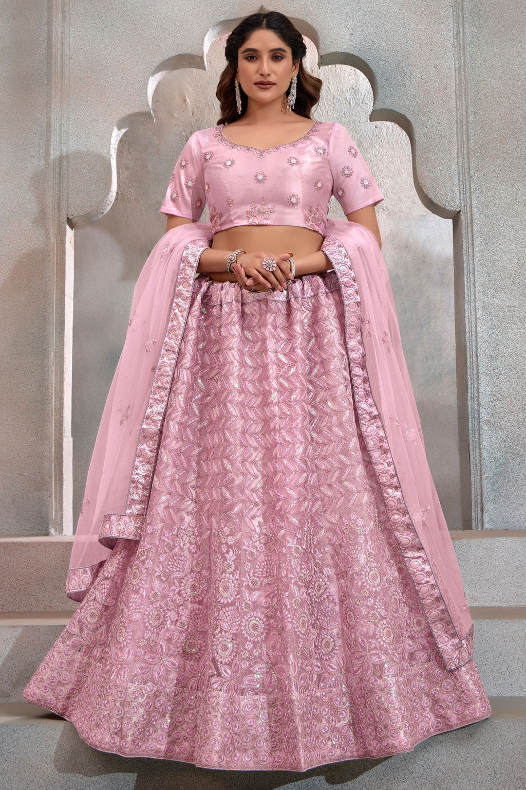 Baby Pink Net Lehenga Choli For Indian Festival & Weddings - Thread Embroidery Work, Sequence Embroidery Work