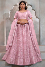 Baby Pink Net Lehenga Choli For Indian Festival & Weddings - Thread Embroidery Work, Sequence Embroidery Work