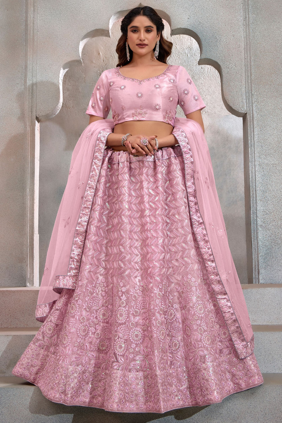 Baby Pink Net Lehenga Choli For Indian Festival & Weddings - Thread Embroidery Work, Sequence Embroidery Work