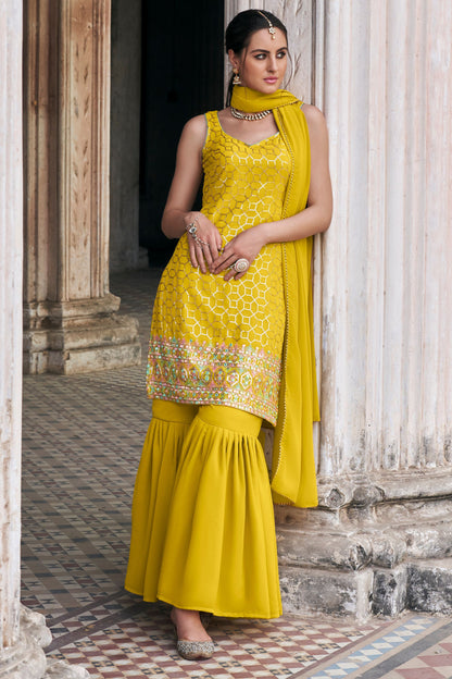 Yellow Georgette Sharara Suits for Pakistani Festival & Indian Wedding - Thread & Sequence Embroidery Work