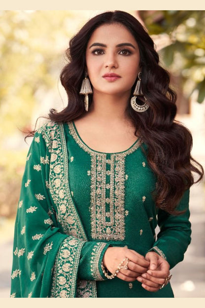 Green Dola Silk Kameez With Plazzo For Indian Suit Festivals & Pakistani Weddings Dress - Embroidery Work