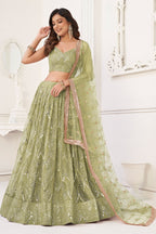Olive Net Embroidered Lehenga Choli For Indian Festival & Weddings - Embroidery Work