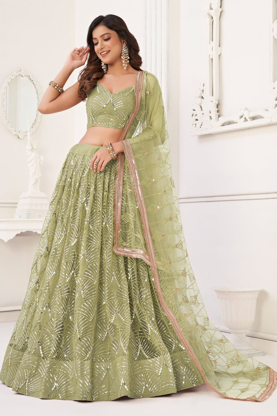 Olive Net Embroidered Lehenga Choli For Indian Festival & Weddings - Embroidery Work