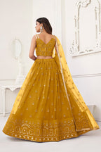 Yellow Net Lengha Choli For Indian Festivals & Pakistani Weddings Dress - Embroidery Work