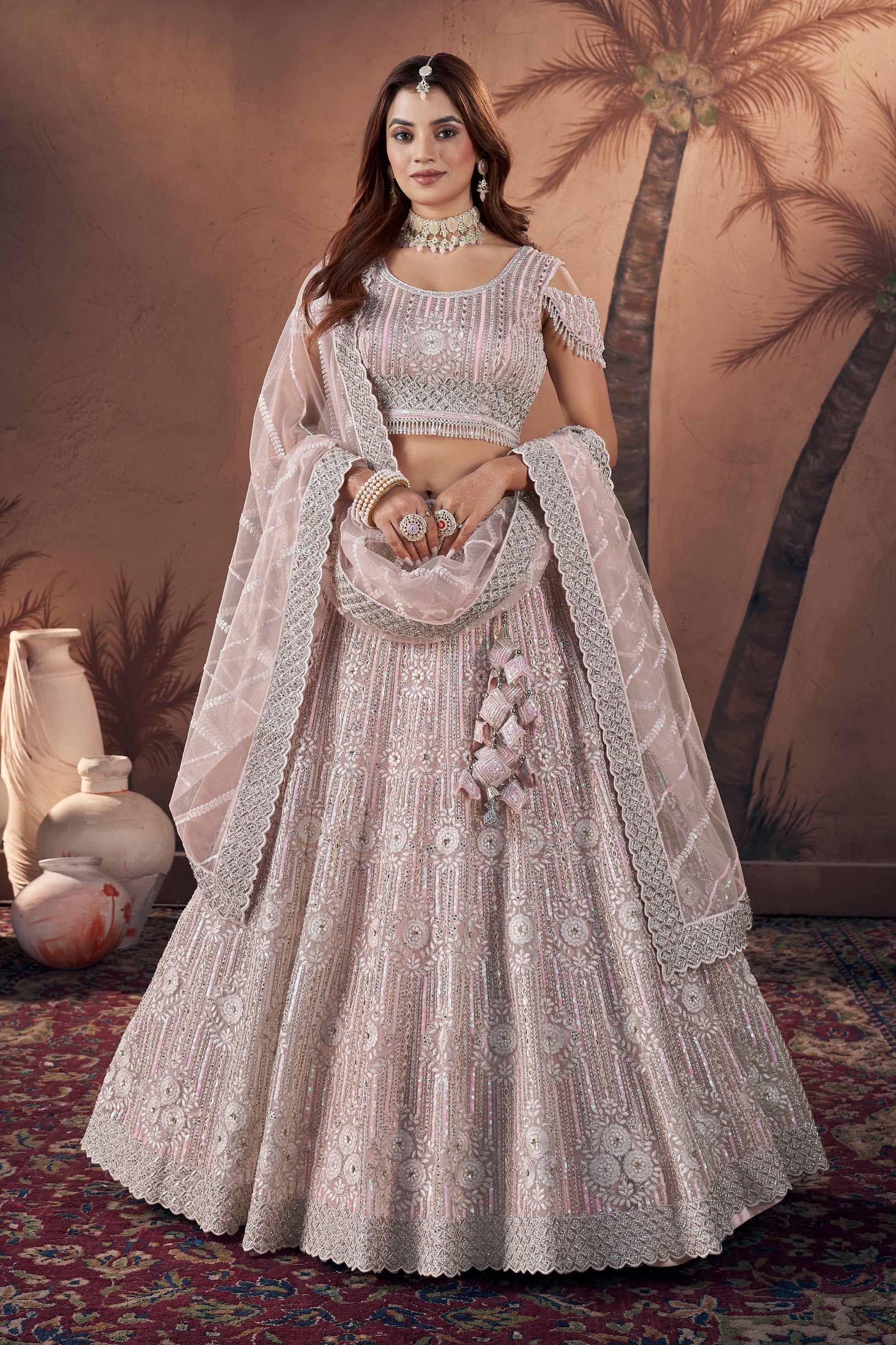 Peach Net Lehenga Choli For Indian Festivals & Wedding - Zarkan Work, Sequence Embroidery Work, Khatli Work