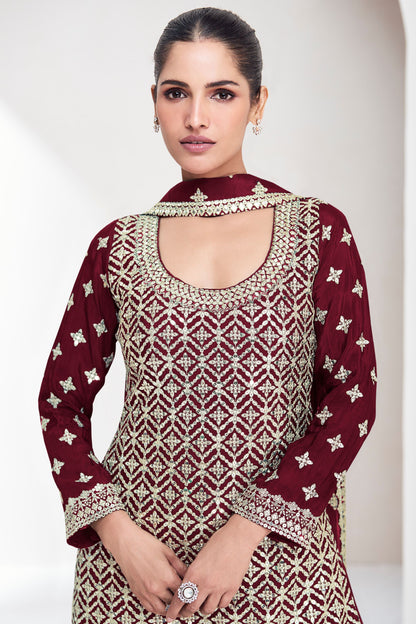 Maroon Chinon Silk Plazo Suit For Wedding & Festival - Embroidery Work