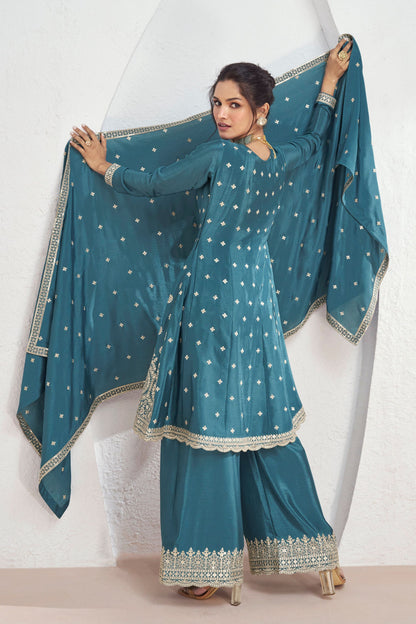 Teal Chinon Silk Palazzo Suit For Indian Festival & Pakistani Weddings - Embroidery Work