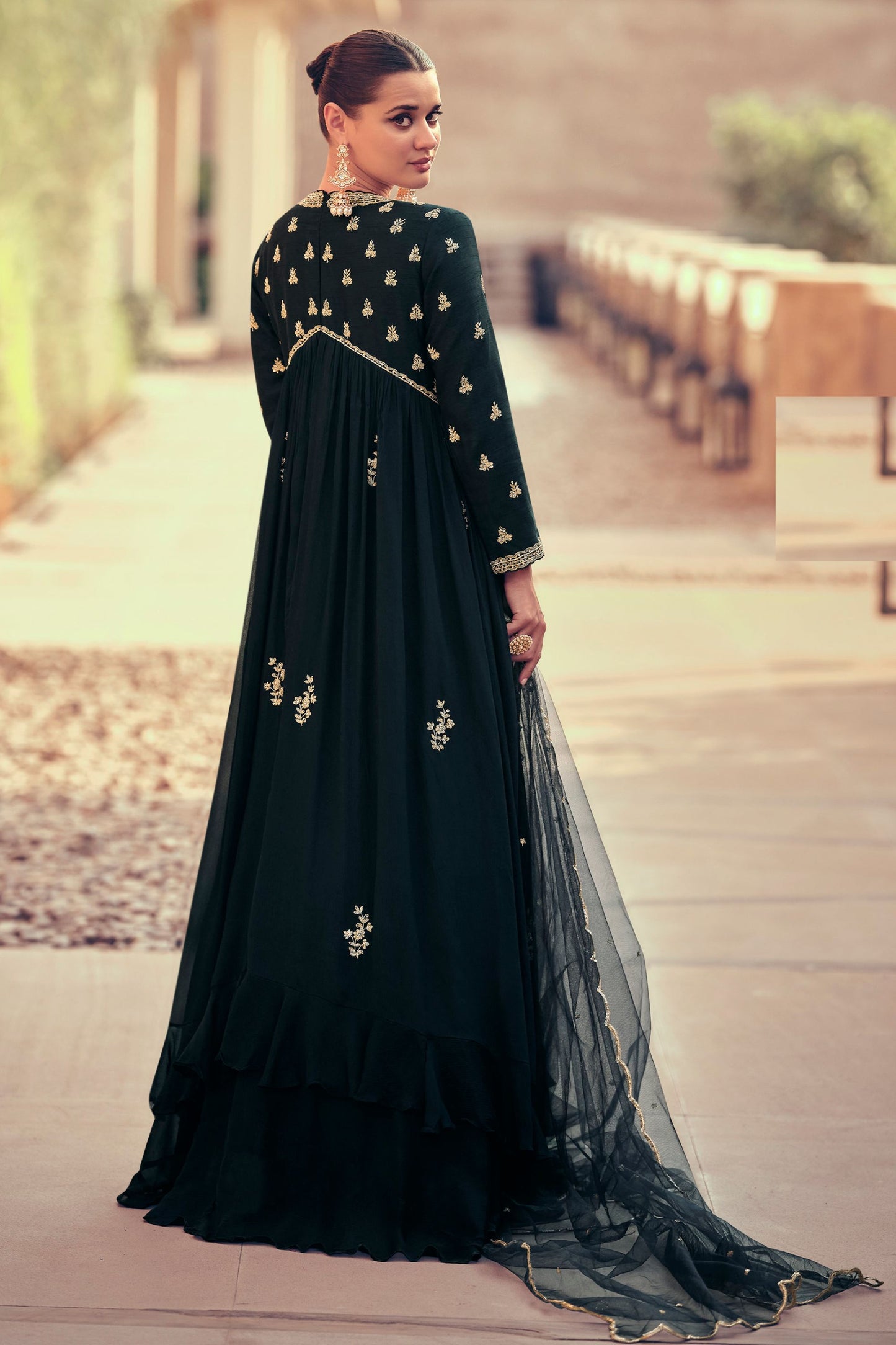 Charcoal Black Silk Georgette Floor Full Length Embroidered Anarkali Gown For Indian Festivals & Pakistani Weddings - Embroidery Work