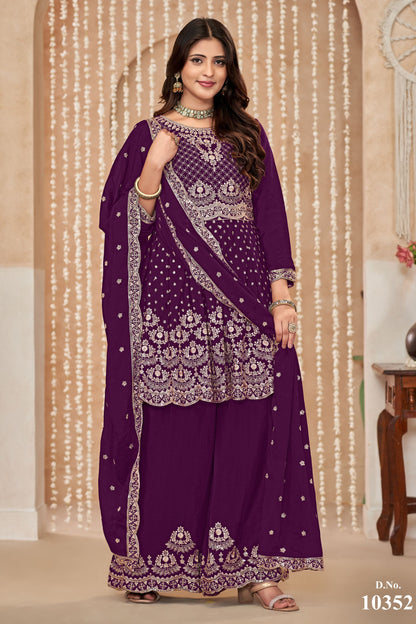 Purple Chinon Silk Palazzo Suit For Indian Festivals & Weddings - Embroidery Work