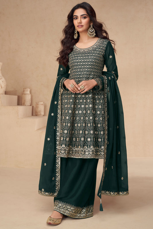 Dark Green Chinon Silk Plazo Suit For Wedding & Festival - Embroidery Work