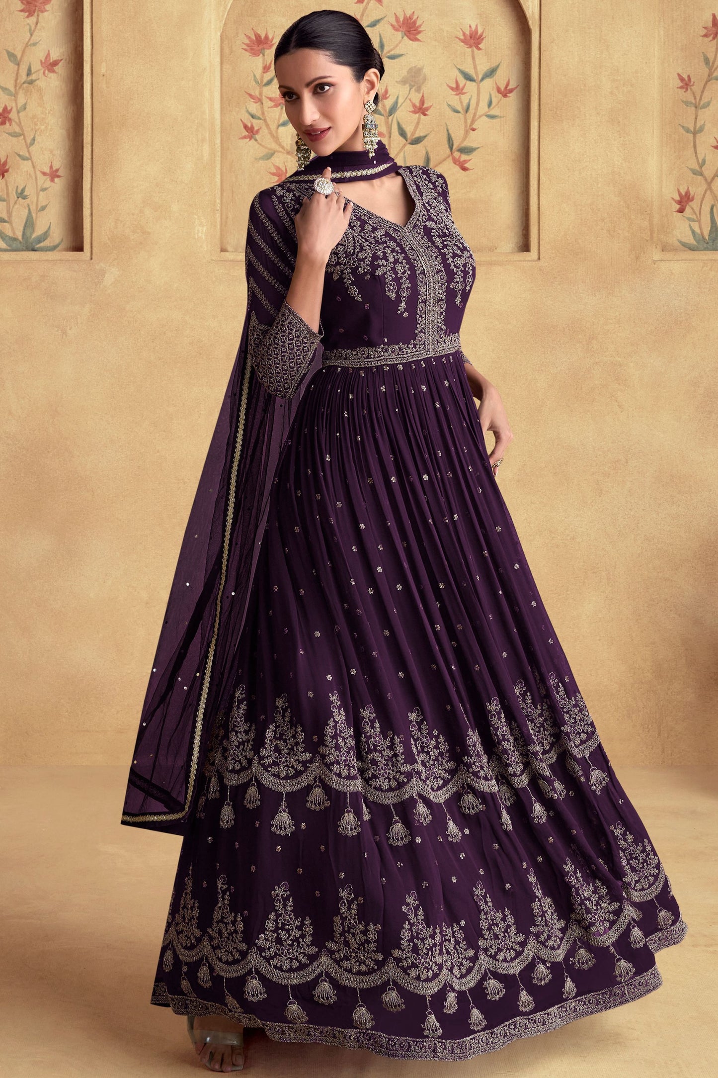 Dark Purple Chinon Silk Anarkali Gown Suit For Indian Festivals & Weddings - Embroidery Work