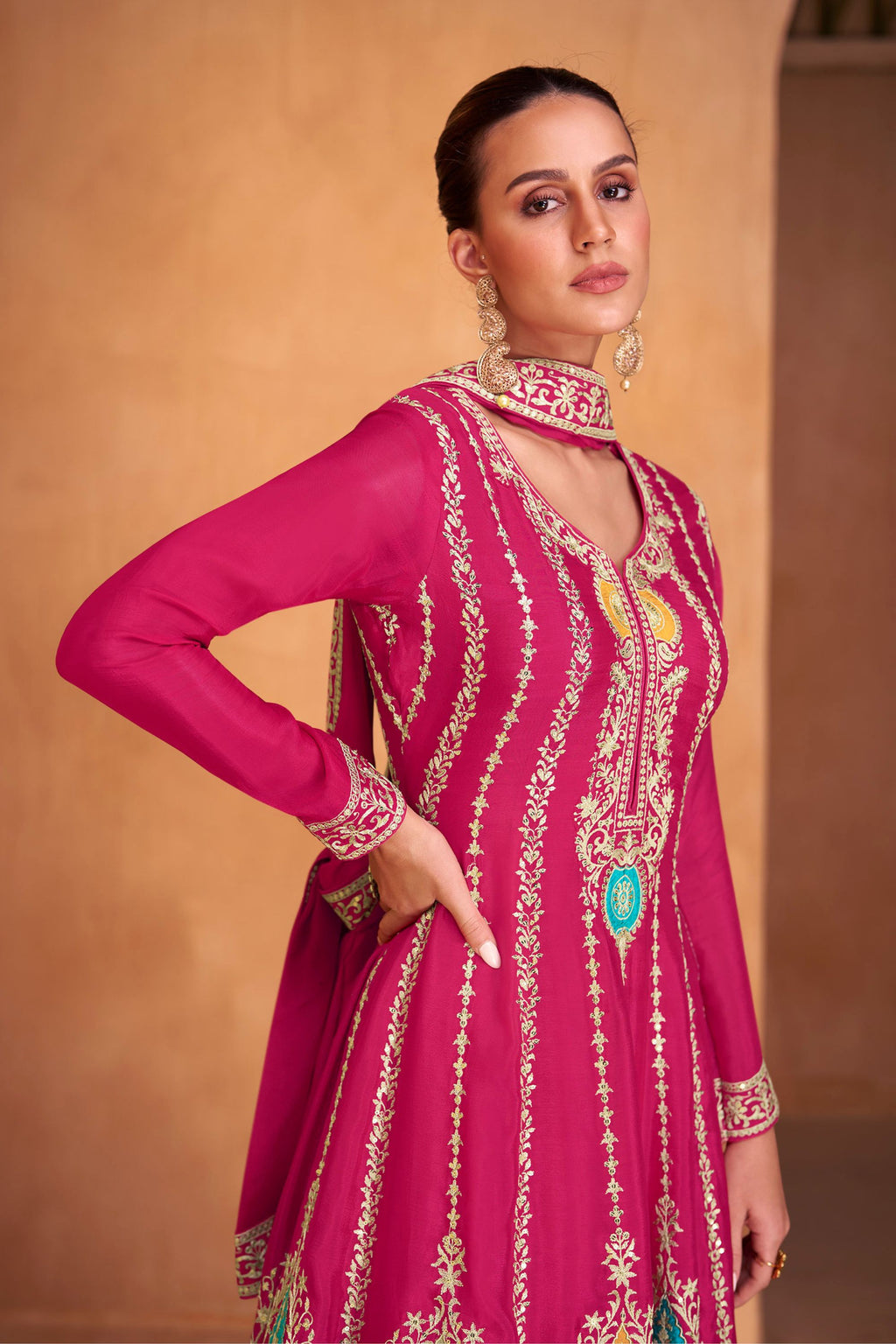 Pink Pakistani Chinon Silk Plazo Suit For Indian Festivals & Weddings - Embroidery Work