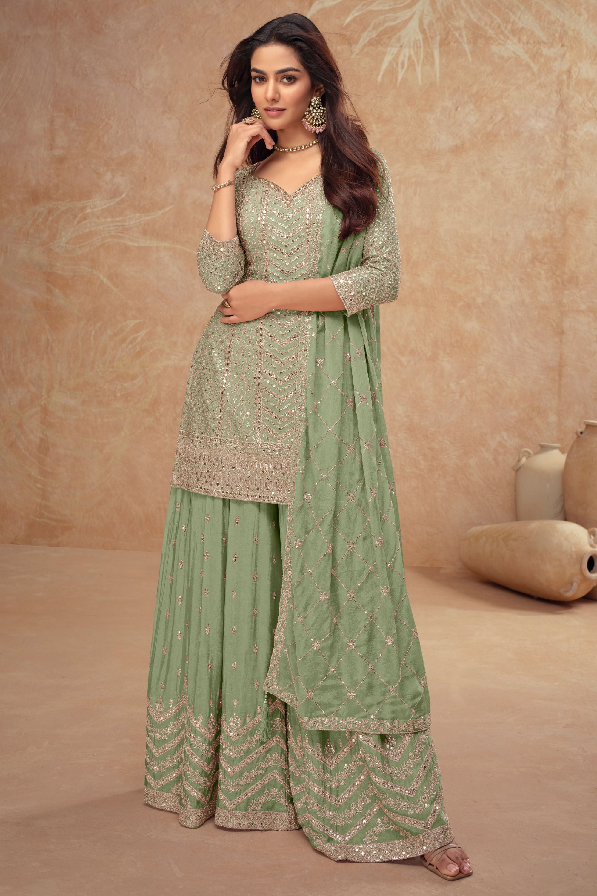 Dusty Green Chinon Silk Plazo Suit For Indian Weddings & Pakitani Festival - Embroidery Work