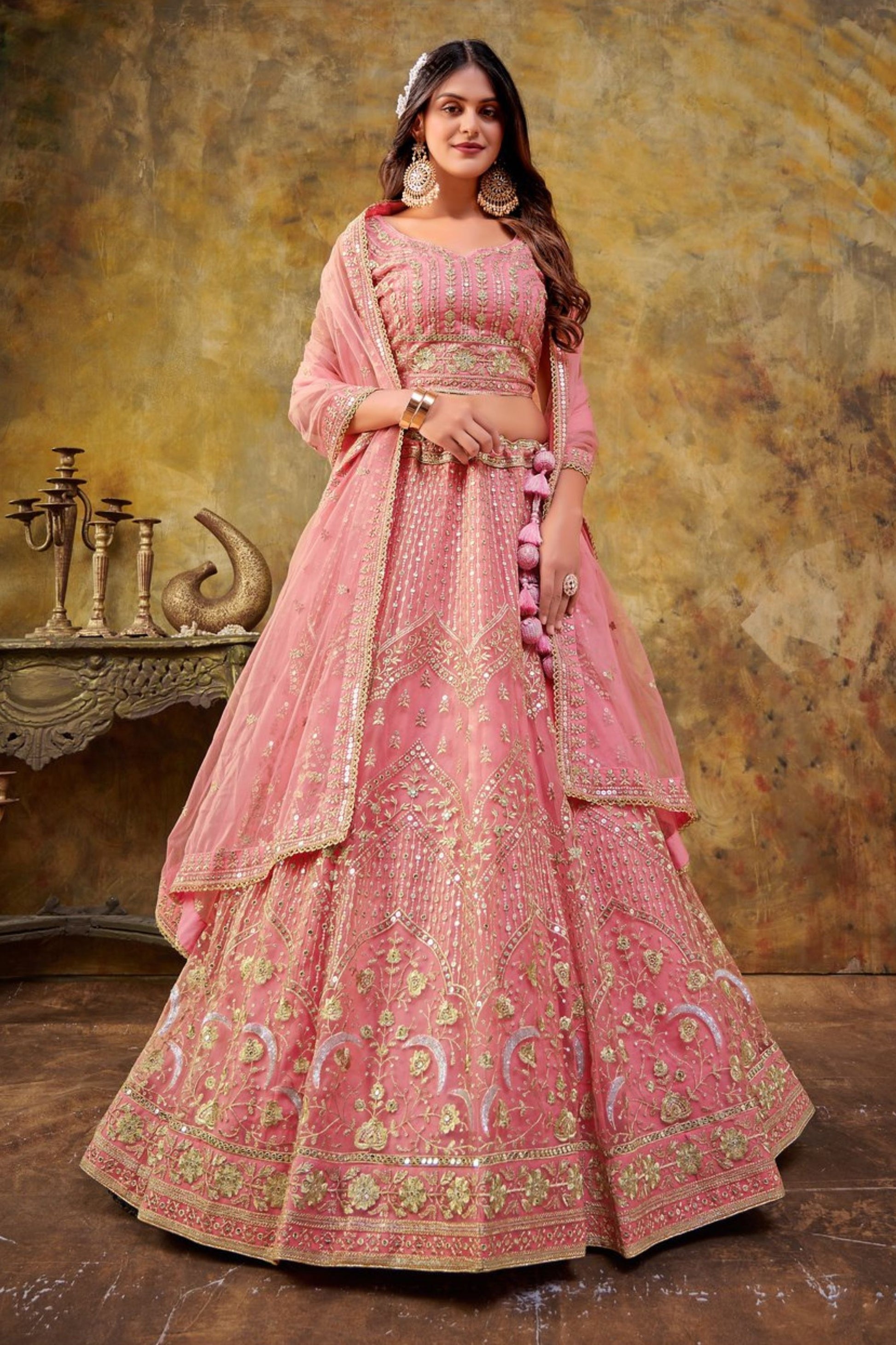 Baby Pink Georgette Lehenga Choli For Indian Festivals & Weddings - Thread Embroidery Work, Sequence Embroidery Work