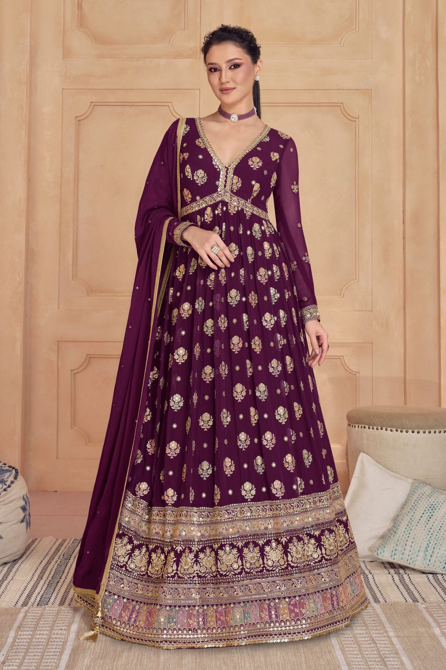 Maroon Georgette Full Floor Length Anarkali Gown For Indian Festivals & Weddings - Embroidery Work