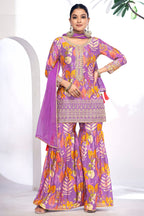Purple Chinon Silk Sharara Suits Dress for Indian Festival & Pakistani Wedding - Thread & Sequence Embroidery Work, Zari Work, Stone & Mirror Work, Print Work