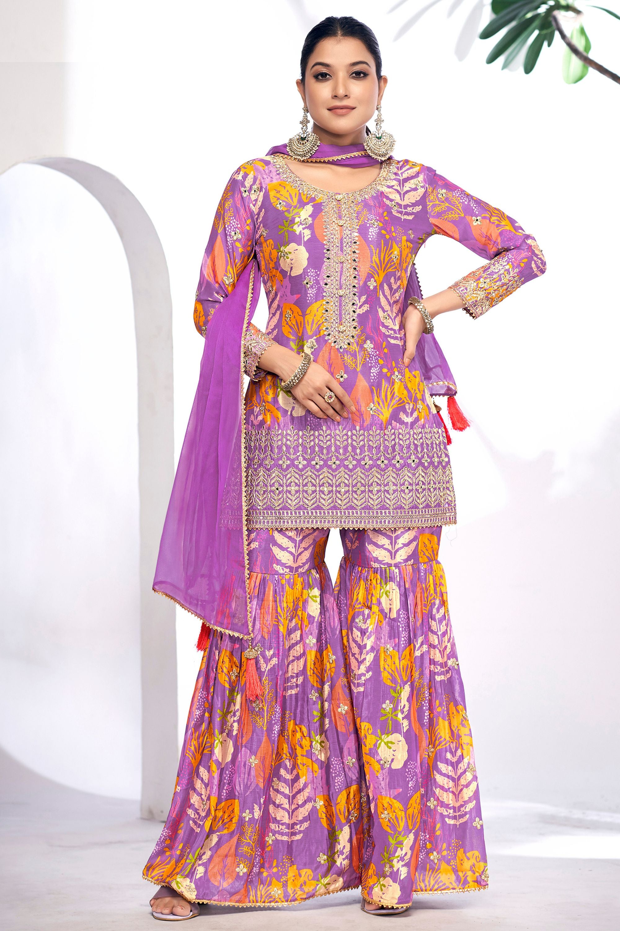 Purple Chinon Silk Sharara Suits Dress for Indian Festival & Pakistani Wedding - Thread & Sequence Embroidery Work, Zari Work, Stone & Mirror Work, Print Work