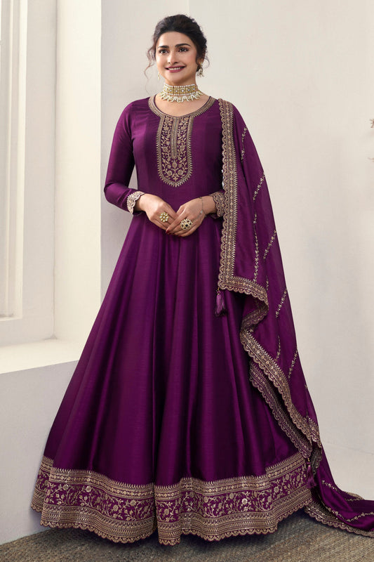 Purple Georgette Silk Floor Length Long Anarkali Suit For Indian Festivals & Pakistani Weddings Dress - Embroidery Work